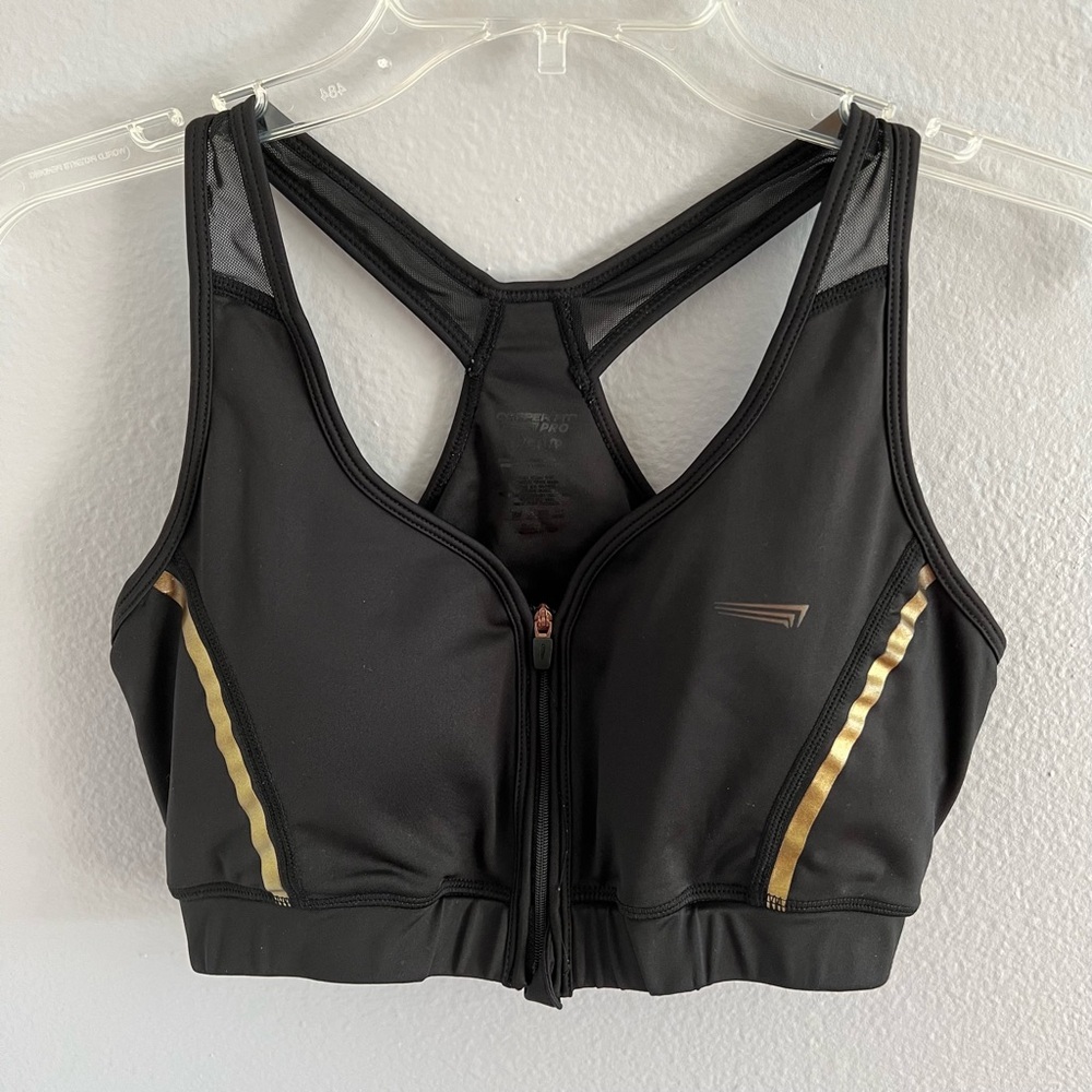 Copper Fit Pro Black & Gold Zipper Sports Bra